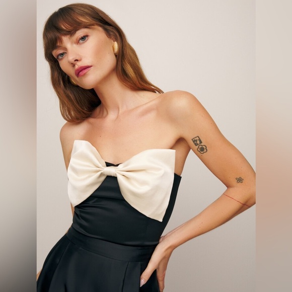 Reformation Natalie Satin Silky Bow Ribbon Strapless Tube Cami Top Black Cream - Picture 3 of 8